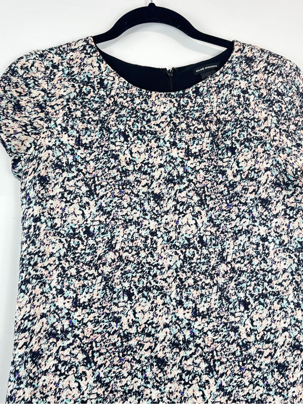 Club Monaco Silk Wool Blend Shift Dress Mini 00 Black Multicolor Textured Print - Picture 3 of 12